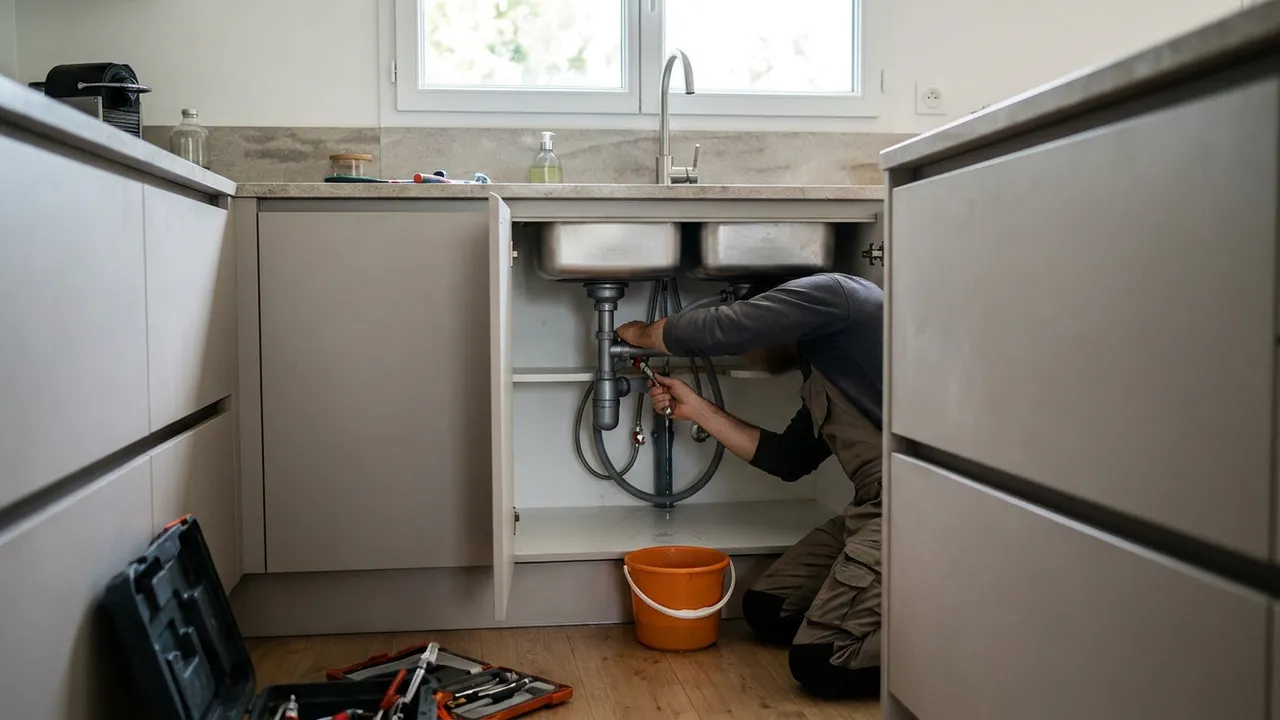 Plombier réparant le siphon d'un évier de cuisine dans un pavillon de Sartrouville